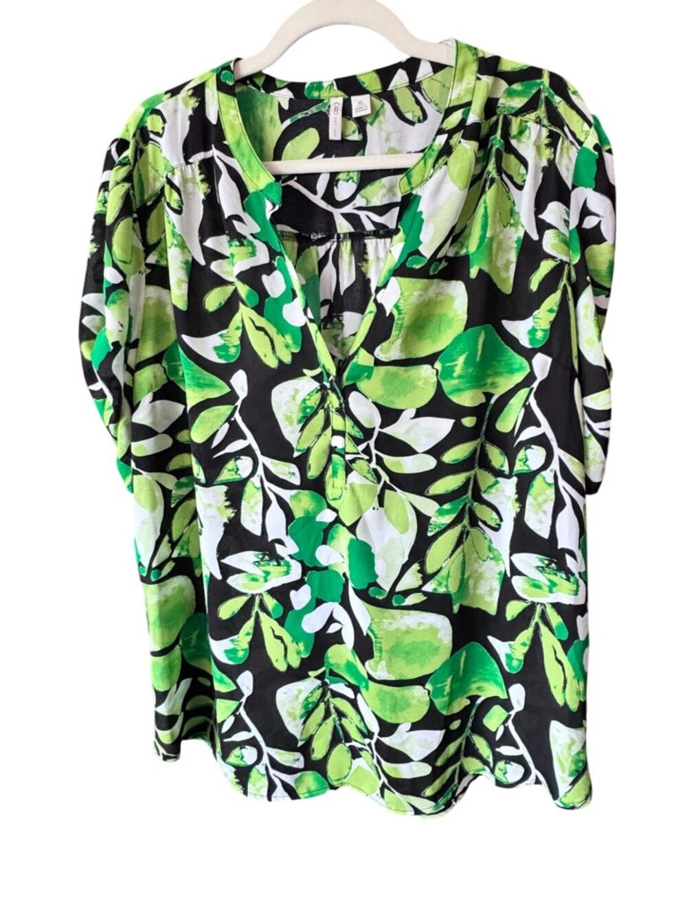 Cato Printed Blouse Green & Black Leaf Pattern Lightweight Polyester - XL